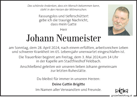 Traueranzeige von Johann Neumeister von Kleine Zeitung