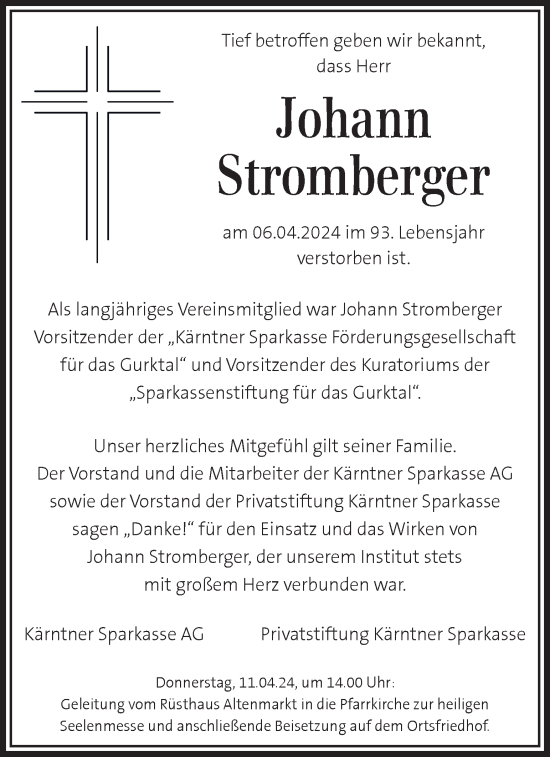 Traueranzeige von Johann Stromberger von Kleine Zeitung
