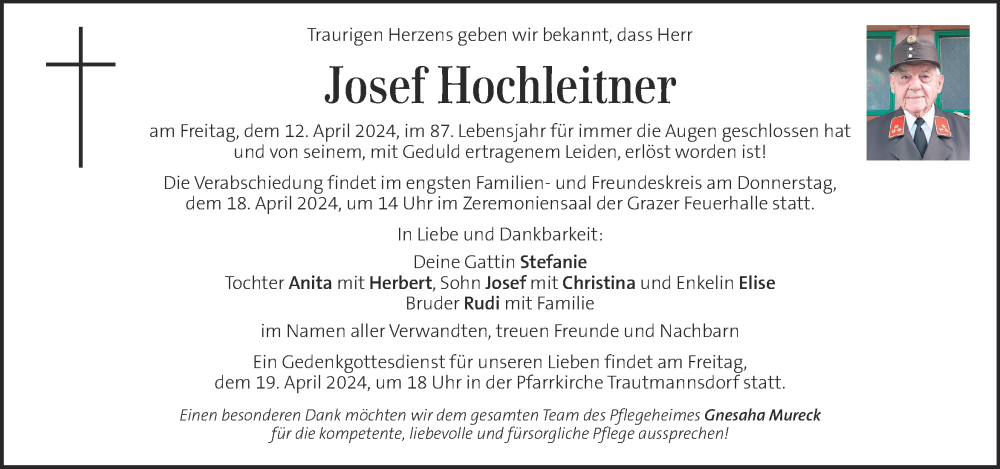  Traueranzeige für Josef Hochleitner vom 16.04.2024 aus Kleine Zeitung