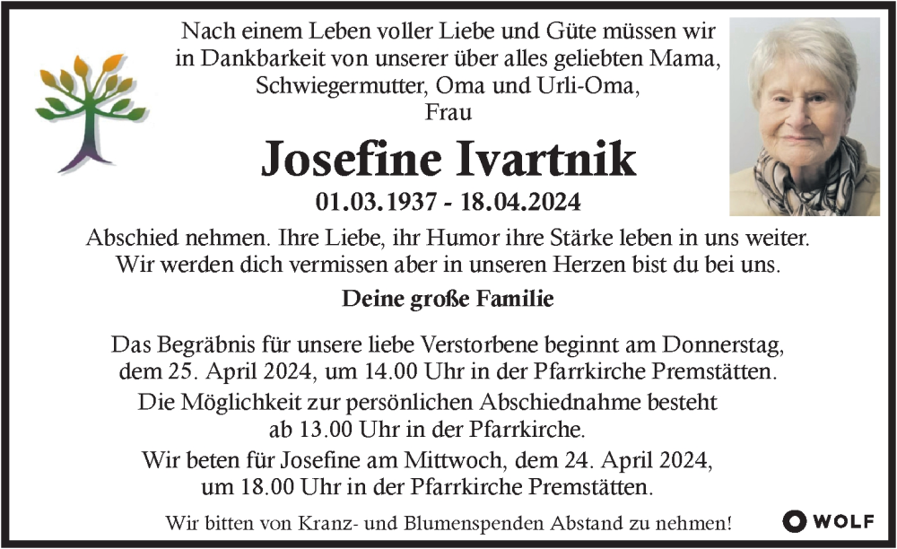  Traueranzeige für Josefine Ivartnik vom 23.04.2024 aus Kleine Zeitung