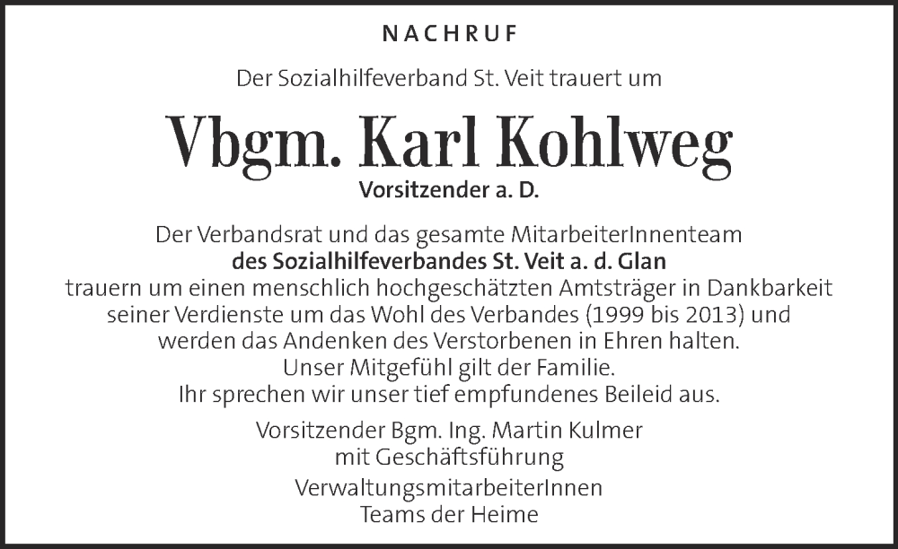  Traueranzeige für Karl Kohlweg vom 24.04.2024 aus Kleine Zeitung