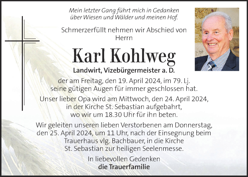  Traueranzeige für Karl Kohlweg vom 23.04.2024 aus Kleine Zeitung