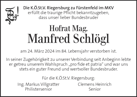 Traueranzeige von Manfred Schlögl von Kleine Zeitung