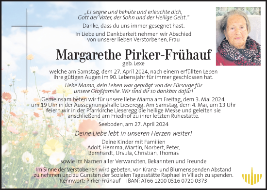 Traueranzeige von Margarethe Pirker-Frühauf von Kleine Zeitung