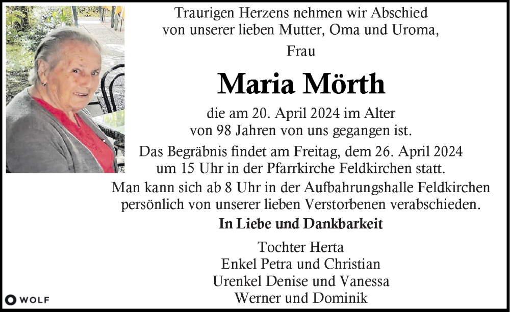  Traueranzeige für Maria Mörth vom 24.04.2024 aus Kleine Zeitung