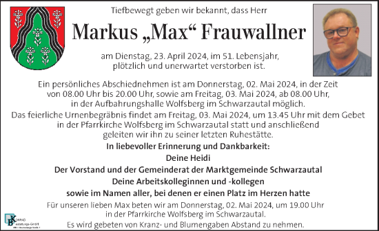 Traueranzeige von Markus Frauwallner von Kleine Zeitung