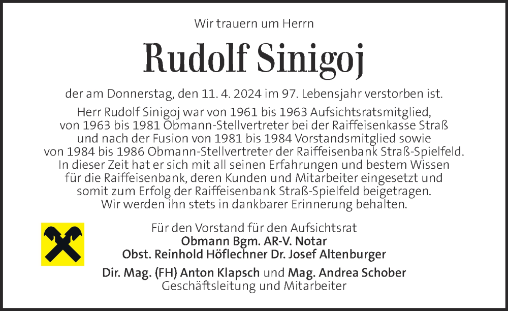  Traueranzeige für Rudolf Sinigoj vom 16.04.2024 aus Kleine Zeitung