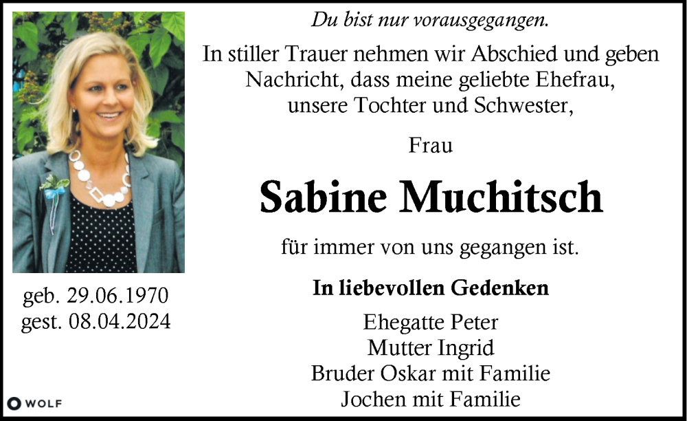  Traueranzeige für Sabine Muchitsch vom 14.04.2024 aus Kleine Zeitung