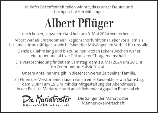 Traueranzeige von Albert Pflüger von Kleine Zeitung