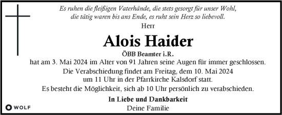 Traueranzeige von Alois Haider von Kleine Zeitung