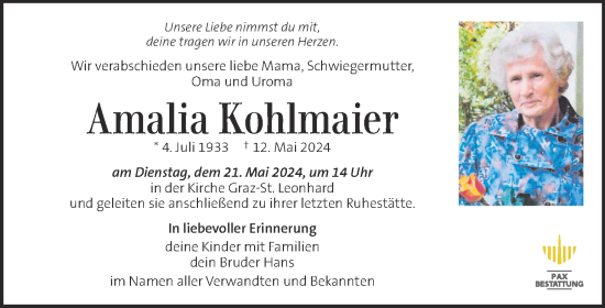 Traueranzeige von Amalia Kohlmaier von Kleine Zeitung