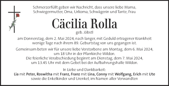 Traueranzeige von Cäcilia Rolla von Kleine Zeitung