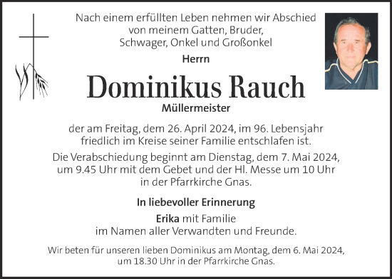 Traueranzeige von Dominikus Rauch von Kleine Zeitung
