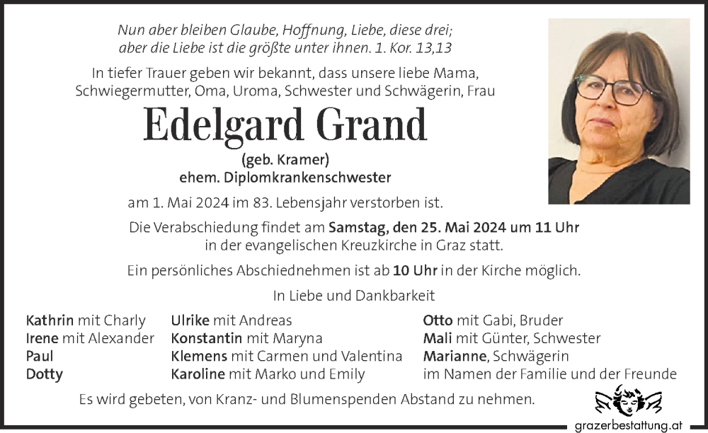  Traueranzeige für Edelgard Grand vom 18.05.2024 aus Kleine Zeitung