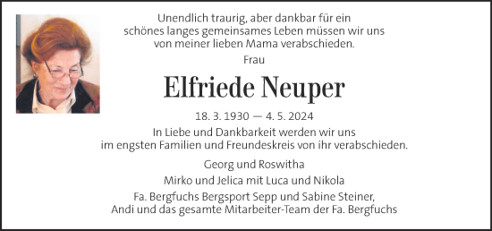Traueranzeige von Elfriede Neuper von Kleine Zeitung