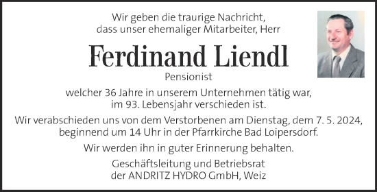 Traueranzeige von Ferdinand Liendl von Kleine Zeitung