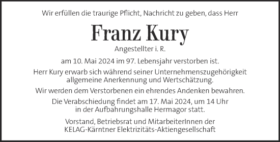 Traueranzeige von Franz Kury von Kleine Zeitung