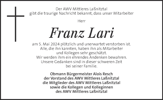 Traueranzeige von Franz Lari von Kleine Zeitung
