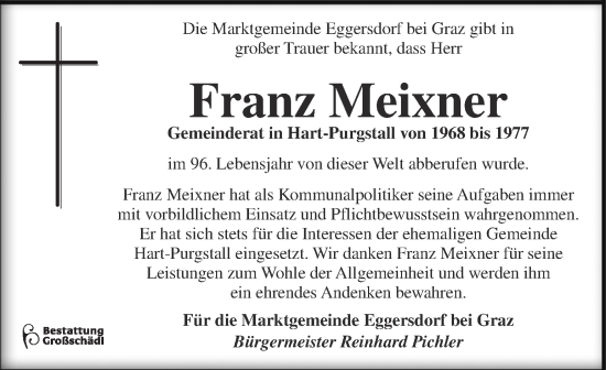 Traueranzeige von Franz Meixner von Kleine Zeitung