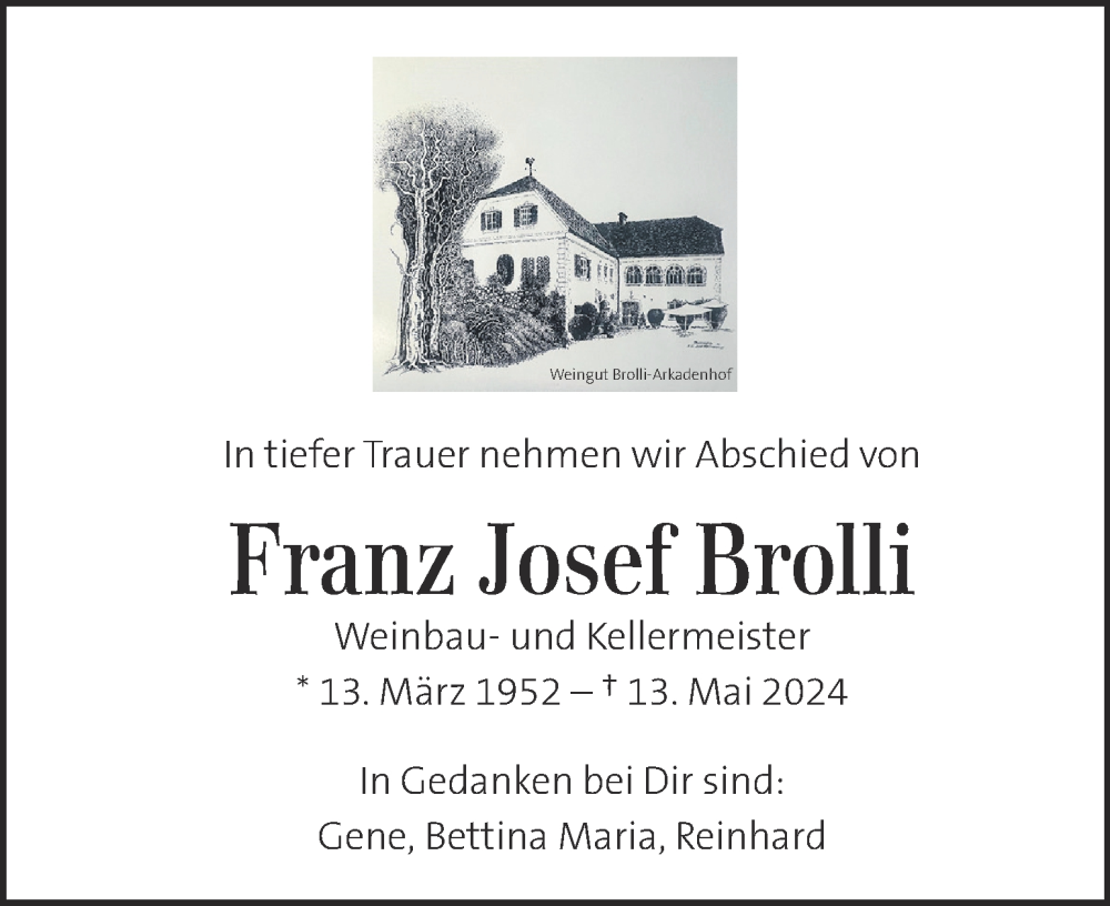  Traueranzeige für Franz Josef Brolli vom 16.05.2024 aus Kleine Zeitung