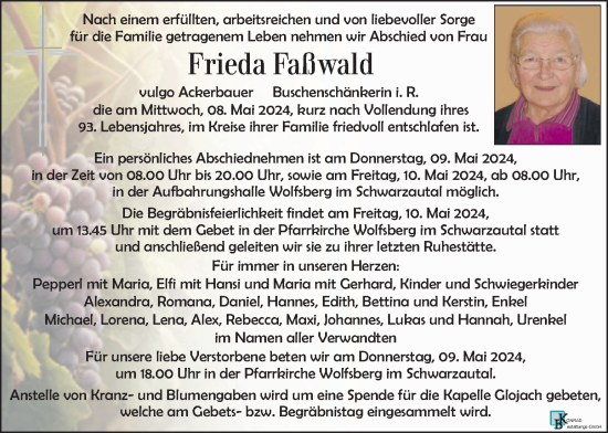 Traueranzeige von Frieda Faßwald von Kleine Zeitung