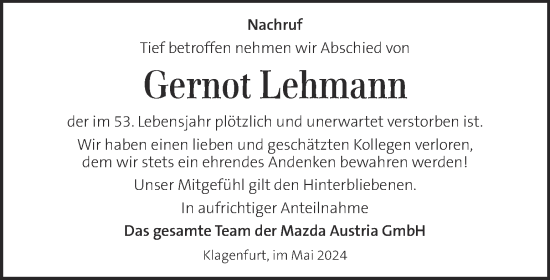 Traueranzeige von Gernot Lehmann von Kleine Zeitung