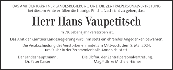 Traueranzeige von Hans Vaupetitsch von Kleine Zeitung