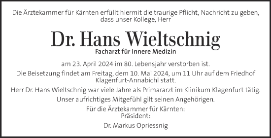 Traueranzeige von Hans Wieltschnig von Kleine Zeitung