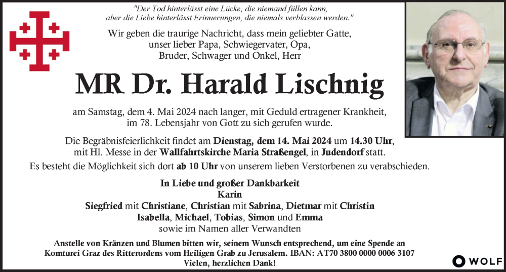  Traueranzeige für Harald Lischnig vom 09.05.2024 aus Kleine Zeitung