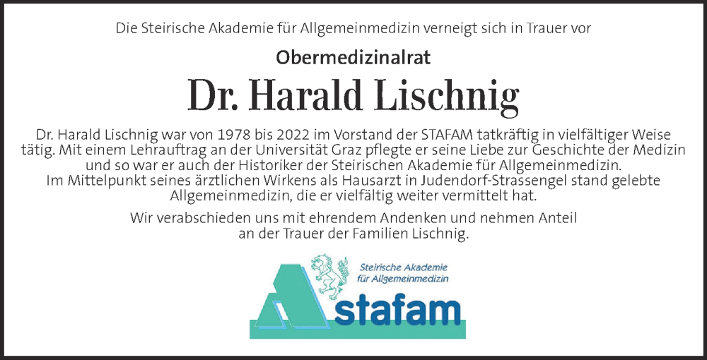  Traueranzeige für Harald Lischnig vom 11.05.2024 aus Kleine Zeitung