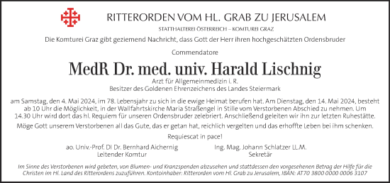 Traueranzeige von Harald Lischnig von Kleine Zeitung
