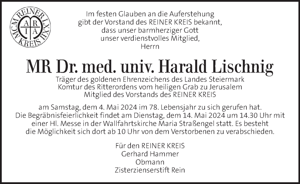  Traueranzeige für Harald Lischnig vom 08.05.2024 aus Kleine Zeitung