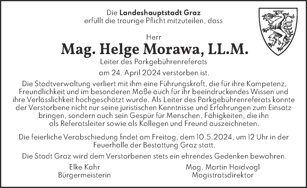  Traueranzeige für Helge Morawa vom 08.05.2024 aus Kleine Zeitung