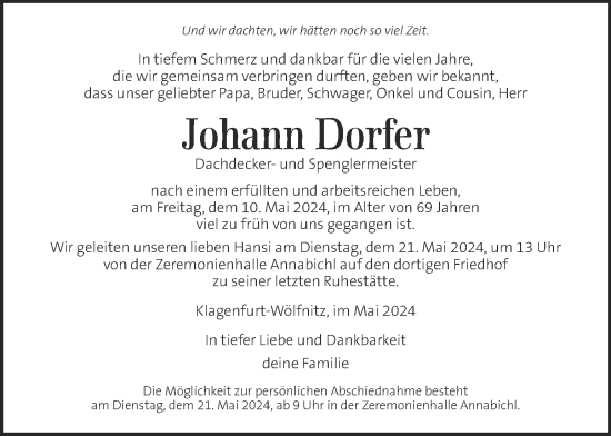 Traueranzeige von Johann Dorfer von Kleine Zeitung
