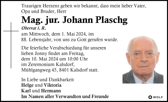 Traueranzeige von Johann Plaschg von Kleine Zeitung