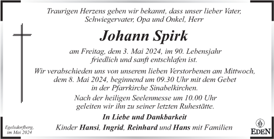 Traueranzeige von Johann Spirk von Kleine Zeitung