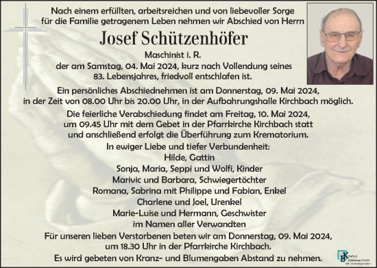 Traueranzeige von Josef Schützenhöfer von Kleine Zeitung
