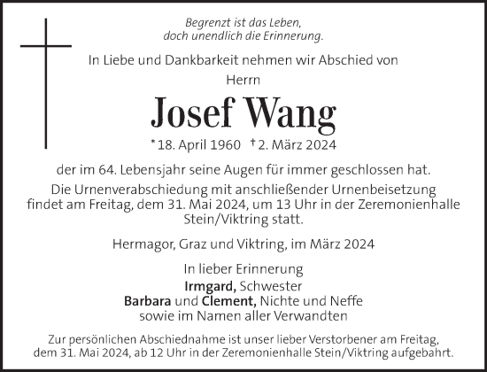 Traueranzeige von Josef Wang von Kleine Zeitung