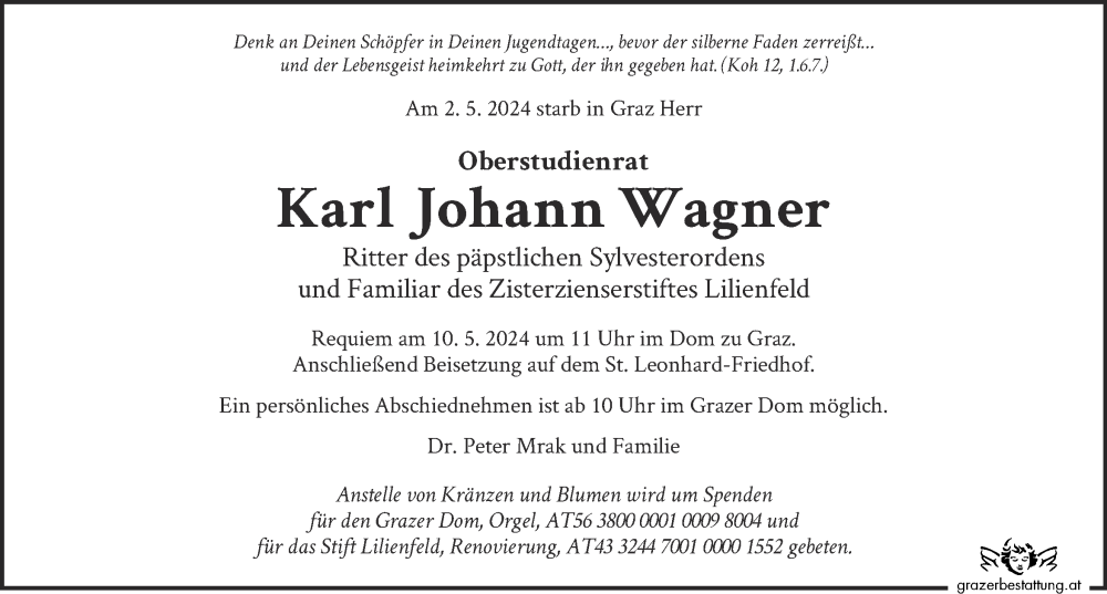  Traueranzeige für Karl Johann Wagner vom 07.05.2024 aus Kleine Zeitung
