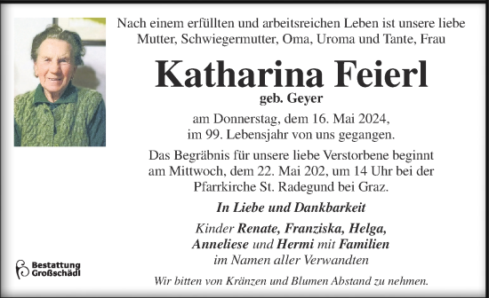 Traueranzeige von Katharina Feierl von Kleine Zeitung