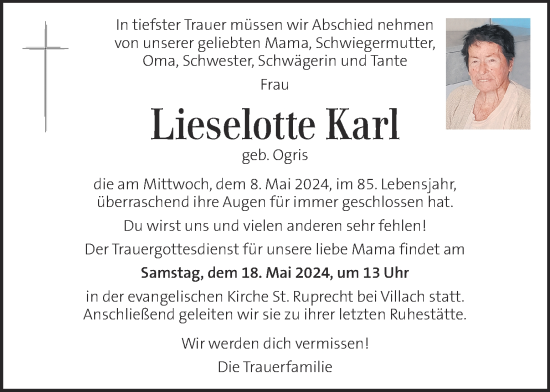 Traueranzeige von Lieselotte Karl von Kleine Zeitung