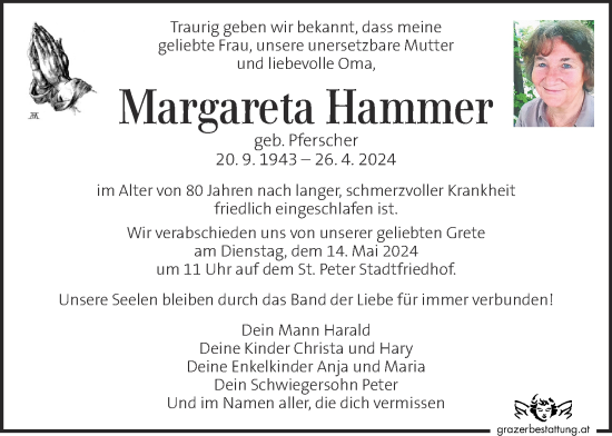 Traueranzeige von Margareta Hammer von Kleine Zeitung