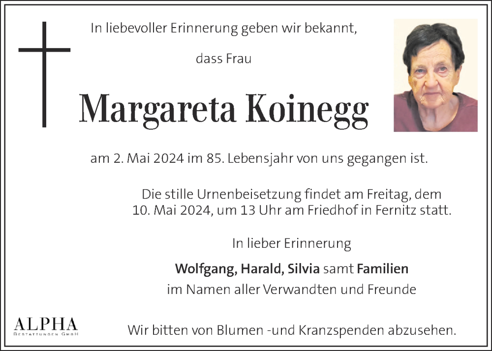  Traueranzeige für Margareta Koinegg vom 08.05.2024 aus Kleine Zeitung