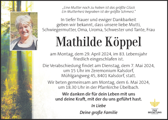 Traueranzeige von Mathilde Köppel von Kleine Zeitung