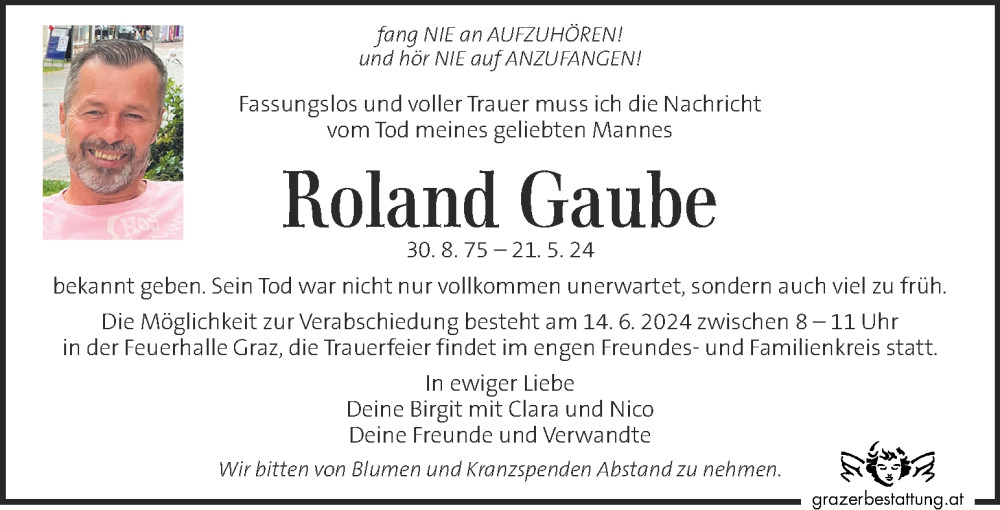  Traueranzeige für Roland Gaube vom 29.05.2024 aus Kleine Zeitung