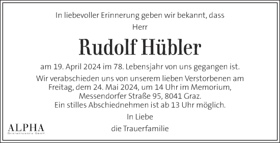 Traueranzeige von Rudolf Hübler von Kleine Zeitung