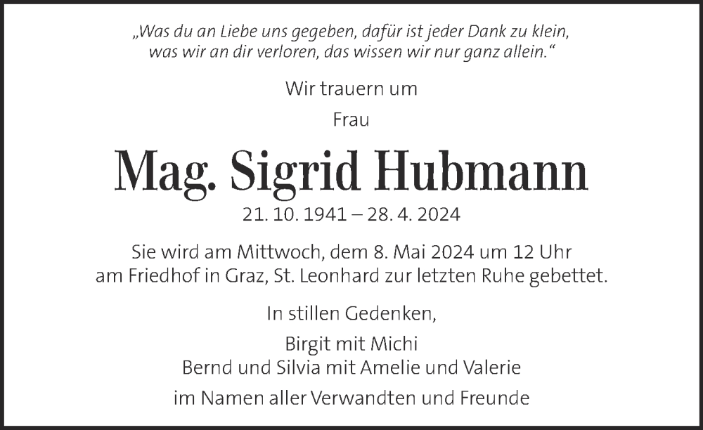  Traueranzeige für Sigrid Hubmann vom 04.05.2024 aus Kleine Zeitung