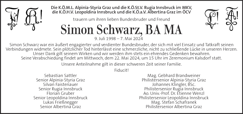  Traueranzeige für Simon Schwarz vom 12.05.2024 aus Kleine Zeitung