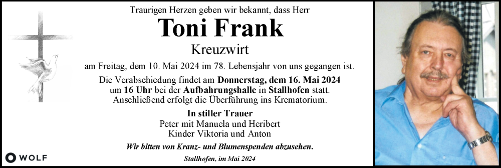  Traueranzeige für Toni Frank vom 15.05.2024 aus Kleine Zeitung