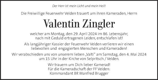 Traueranzeige von Valentin Zingler von Kleine Zeitung